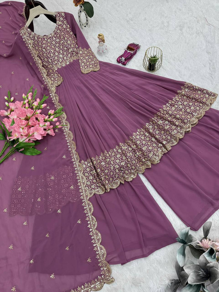 Purple Color Faux Georgette Full stitched Sharara set