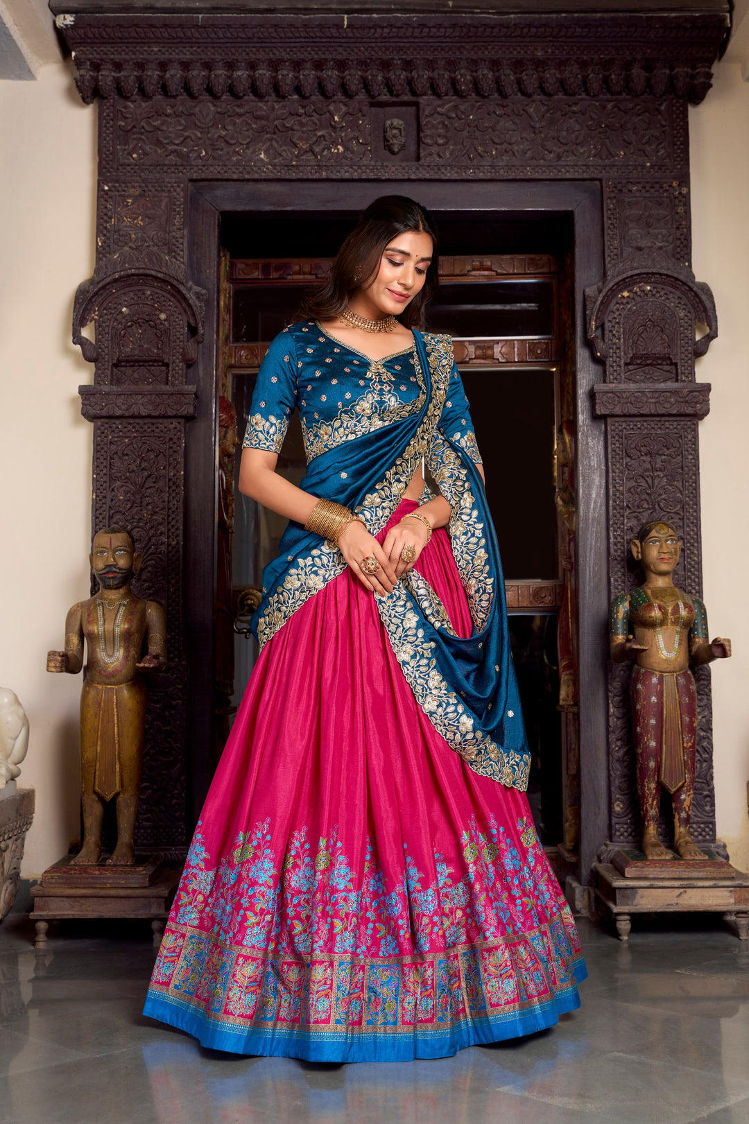 Tussar Silk Pink Color Printed With Foil Work Lehenga Choli
