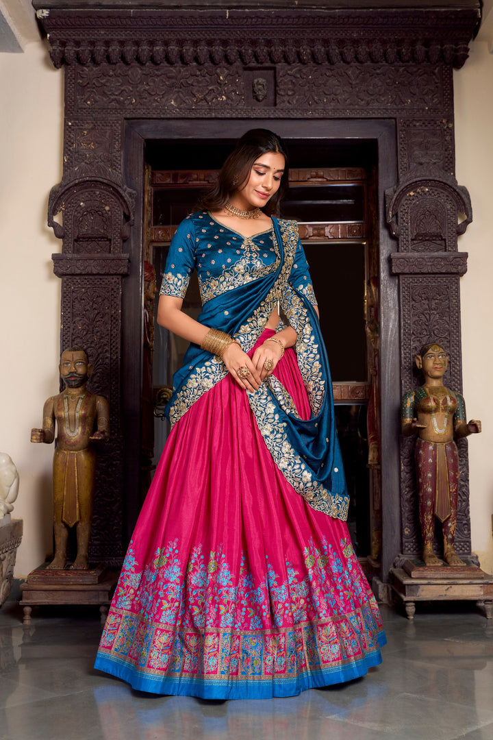 Tussar Silk Pink Color Printed With Foil Work Lehenga Choli