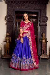 Tussar Silk Red and Blue Printed With Foil Work Lehenga Choli