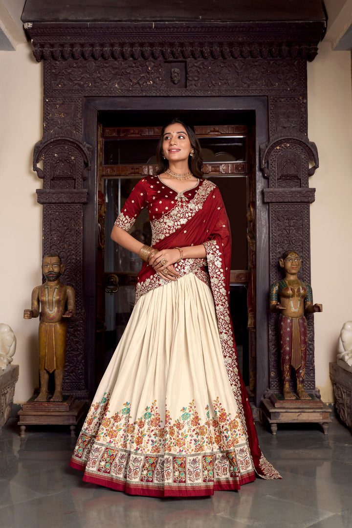 Tussar Silk Off White Printed With Foil Work Lehenga Choli
