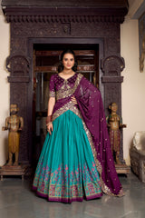 Tussar Silk Firozi Color Printed With Foil Work Lehenga Choli