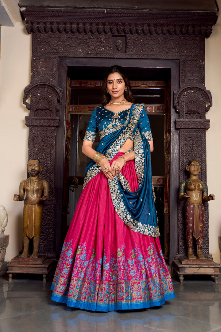 Tussar Silk Pink Color Printed With Foil Work Lehenga Choli
