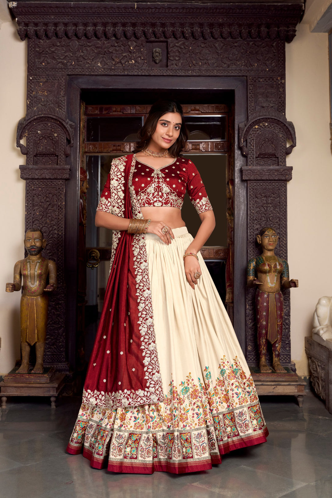 Tussar Silk Off White Printed With Foil Work Lehenga Choli