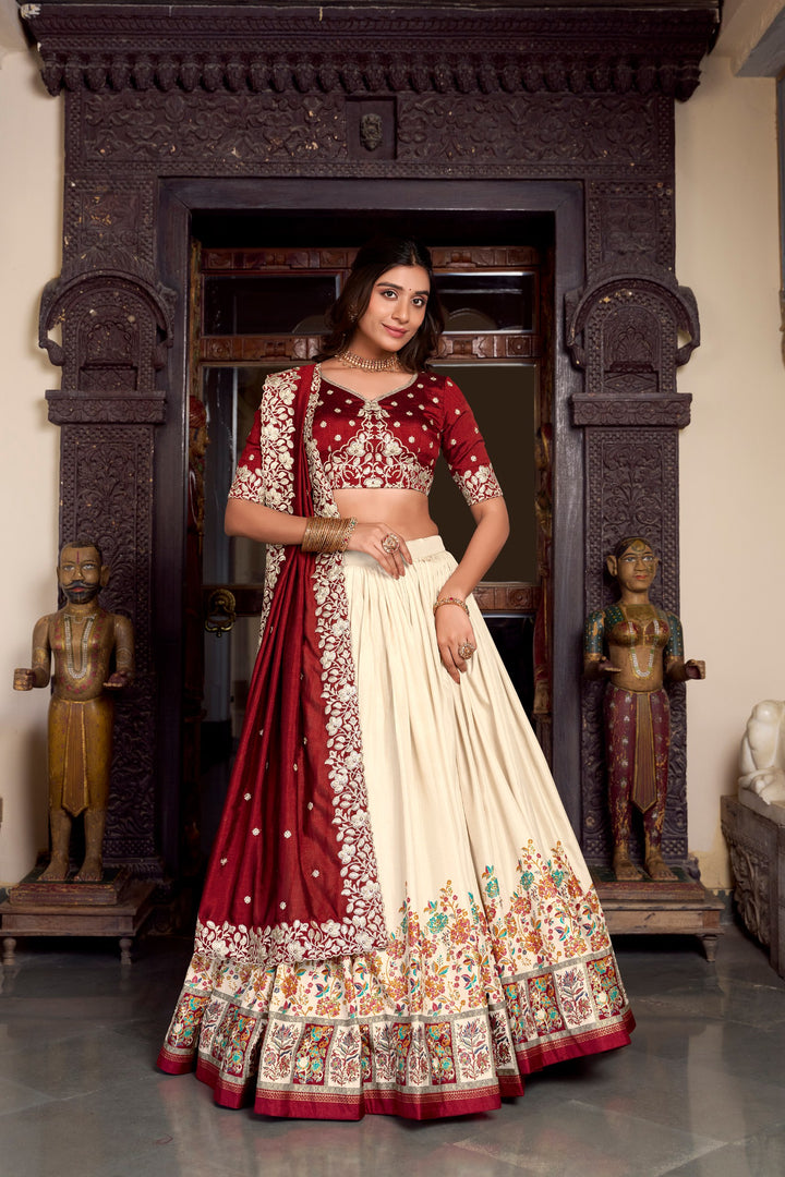 Tussar Silk Off White Printed With Foil Work Lehenga Choli