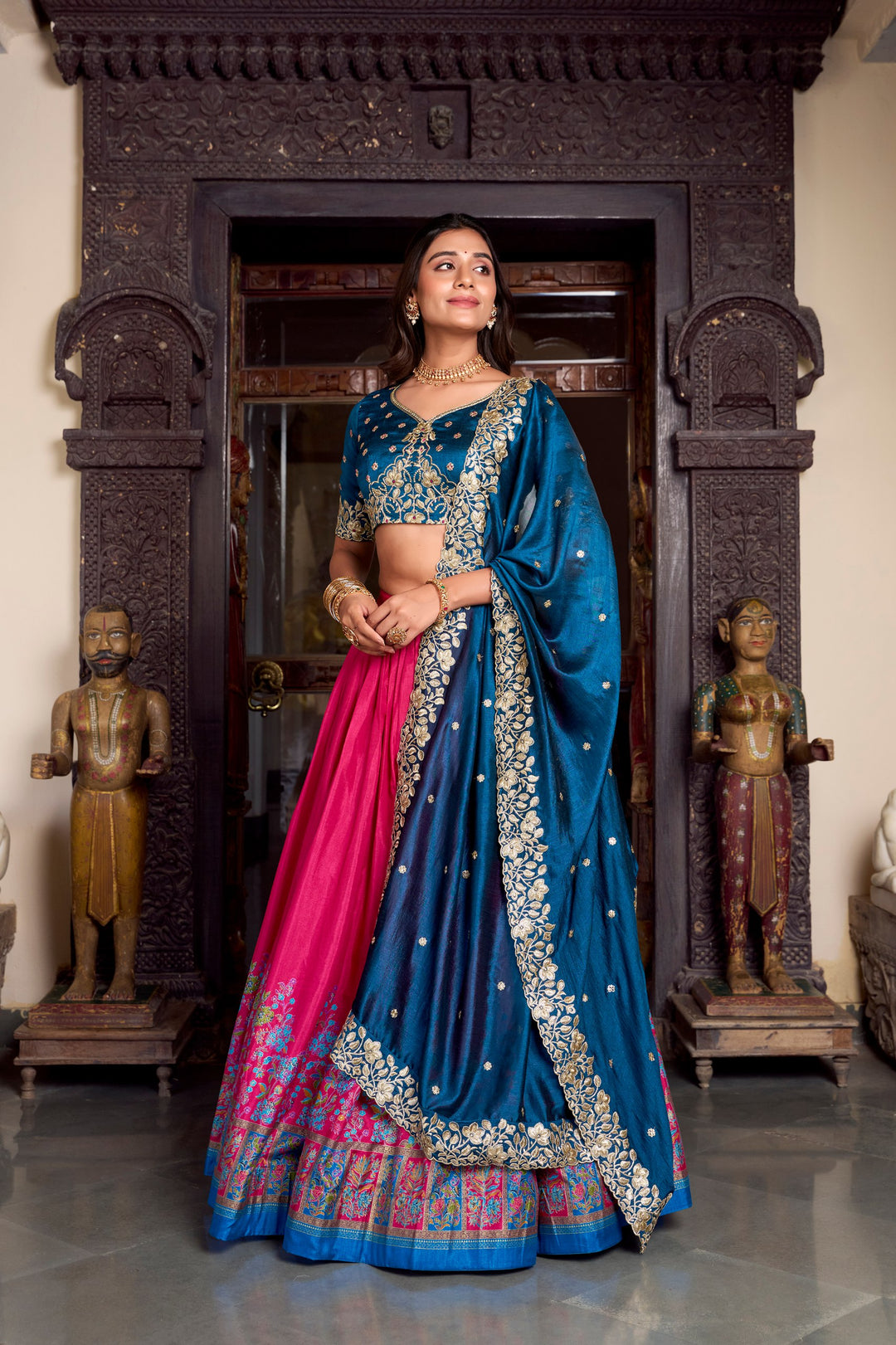 Tussar Silk Pink Color Printed With Foil Work Lehenga Choli
