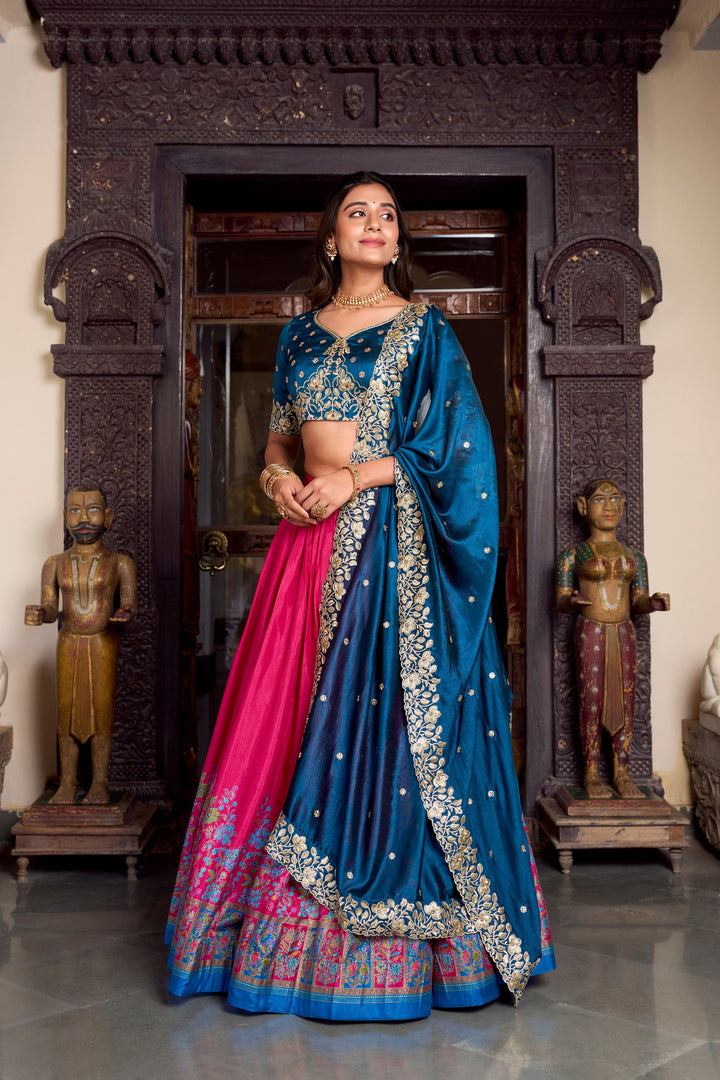 Tussar Silk Pink Color Printed With Foil Work Lehenga Choli