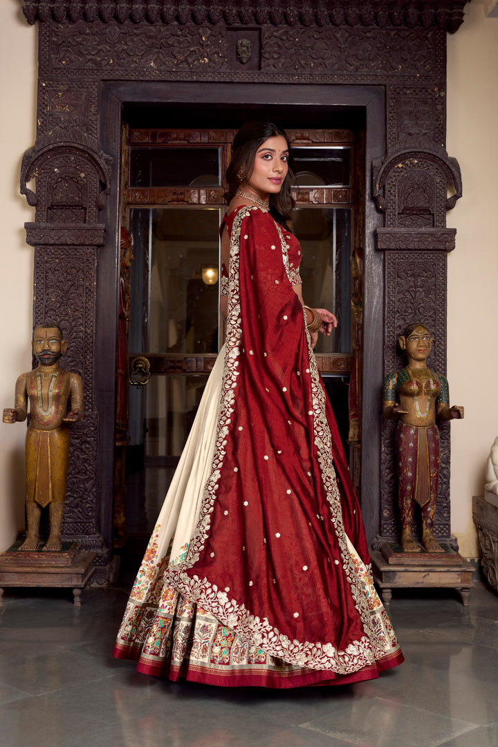 Tussar Silk Off White Printed With Foil Work Lehenga Choli