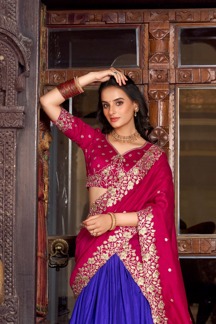 Tussar Silk Red and Blue Printed With Foil Work Lehenga Choli