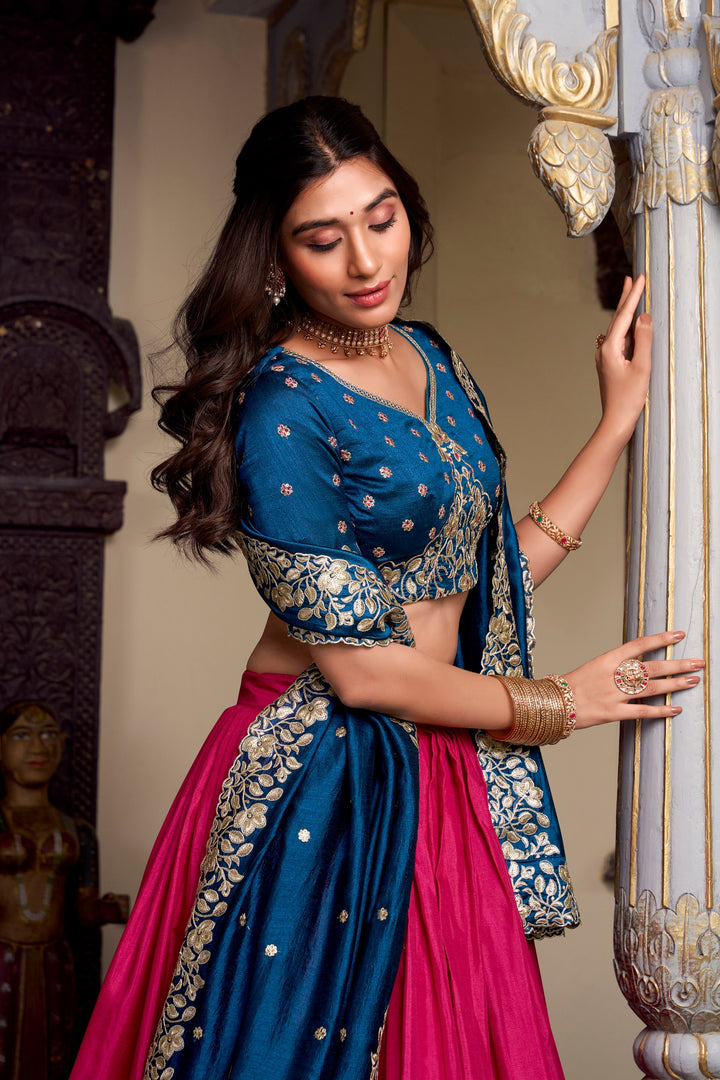 Tussar Silk Pink Color Printed With Foil Work Lehenga Choli