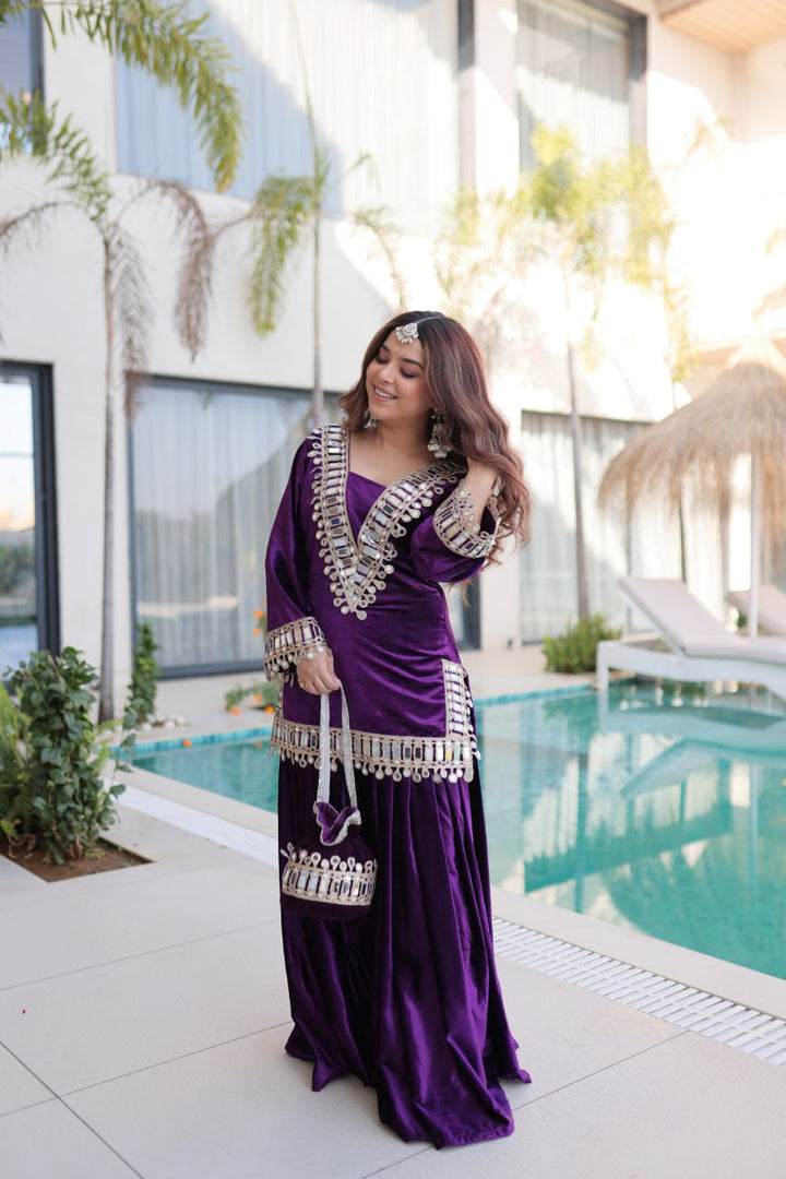 READYMADE PURPLE TOP-PALAZZO WITH BATWA SET