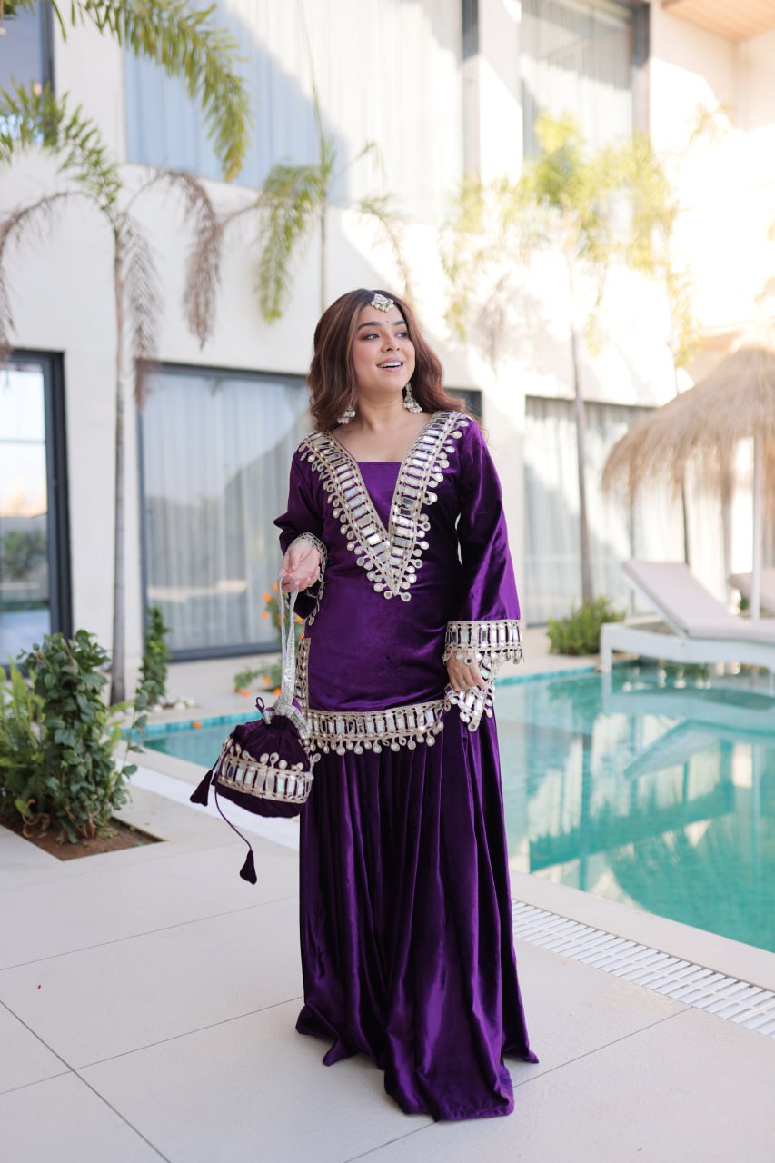 READYMADE PURPLE TOP-PALAZZO WITH BATWA SET