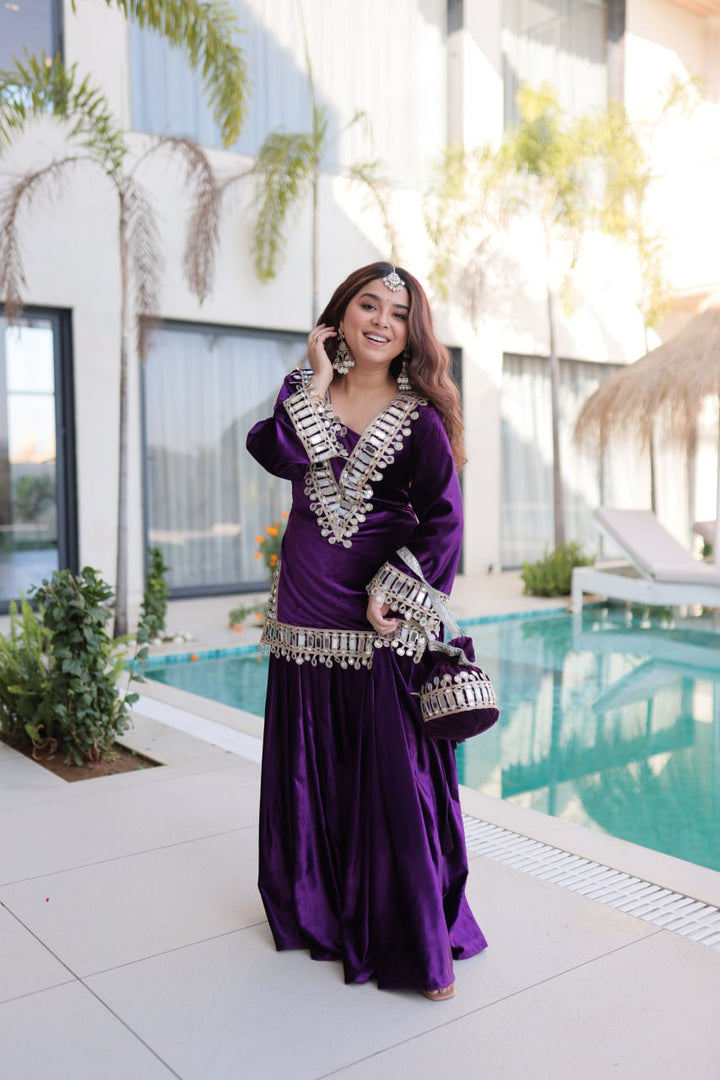 READYMADE PURPLE TOP-PALAZZO WITH BATWA SET