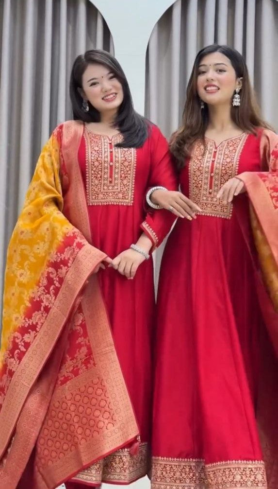 Anarkali Flared Kurti Pant Dupatta Set