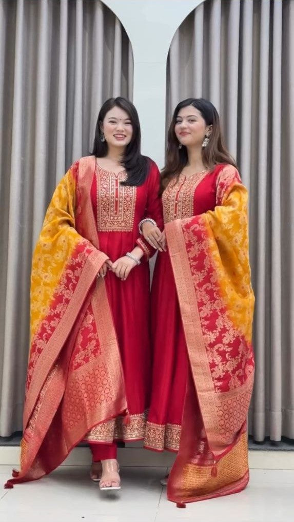 Anarkali Flared Kurti Pant Dupatta Set