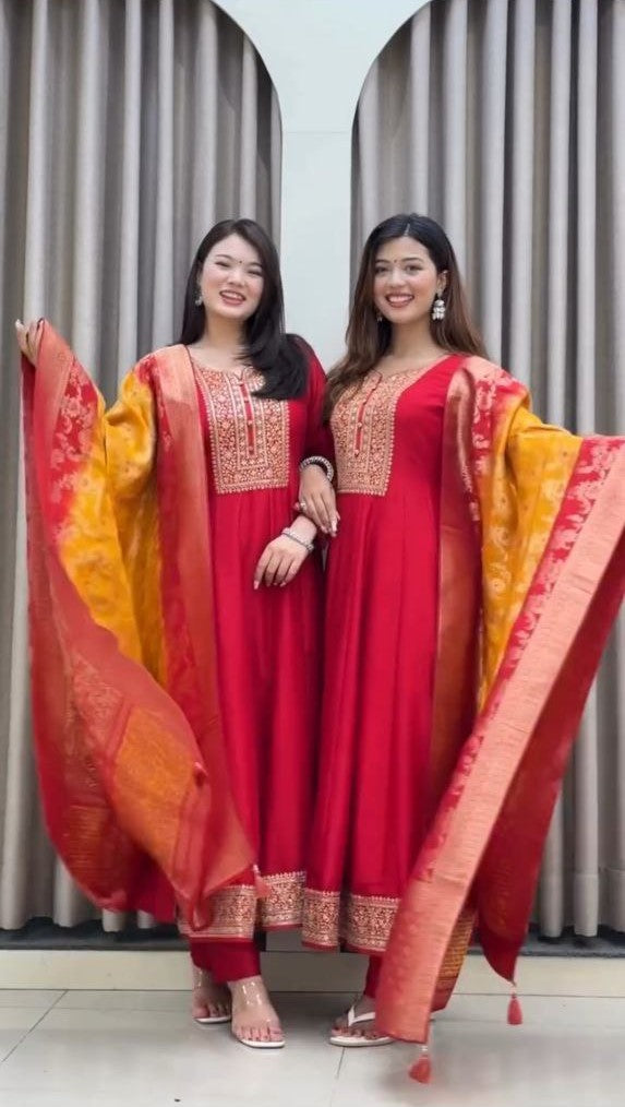 Anarkali Flared Kurti Pant Dupatta Set