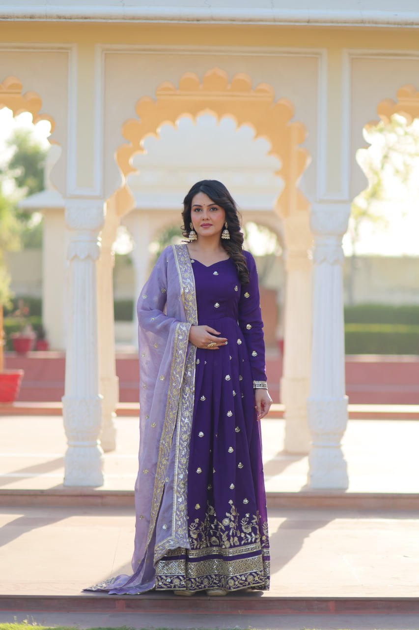 Purple Color Star Georgette with Embroidery Zari Sequins-work wedding Gown
