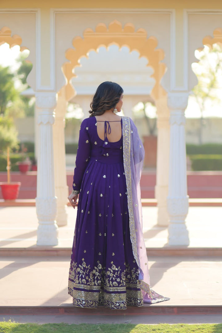 Purple Color Star Georgette with Embroidery Zari Sequins-work wedding Gown