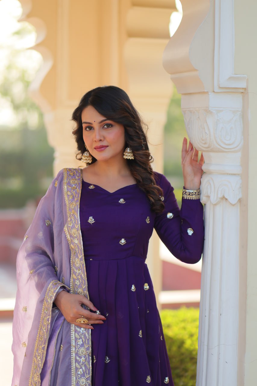 Purple Color Star Georgette with Embroidery Zari Sequins-work wedding Gown