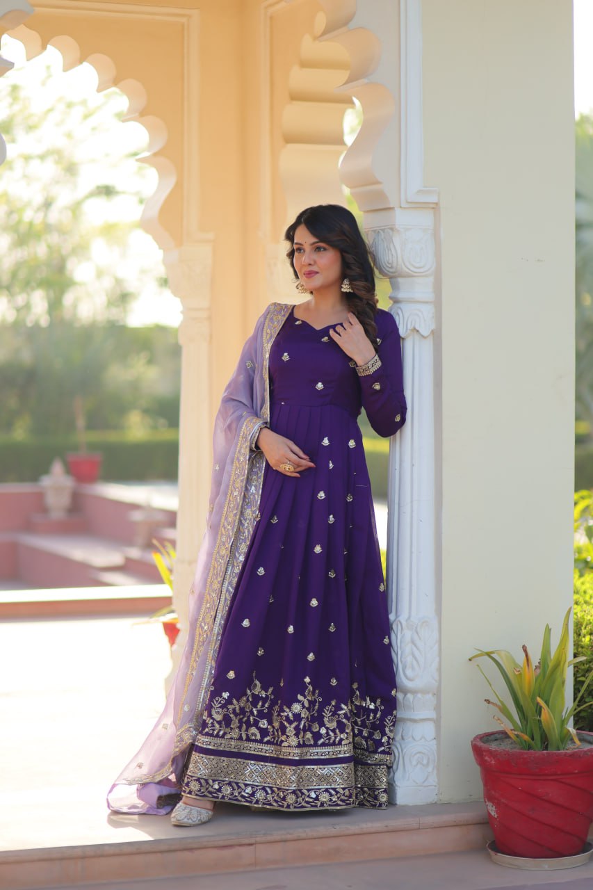 Purple Color Star Georgette with Embroidery Zari Sequins-work wedding Gown