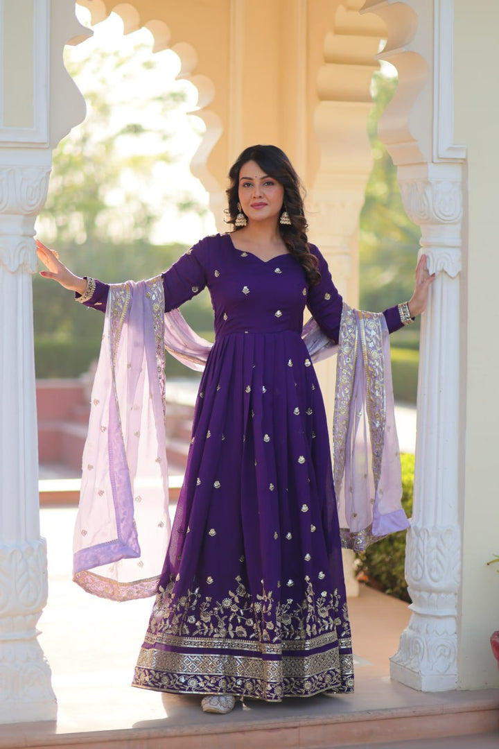 Purple Color Star Georgette with Embroidery Zari Sequins-work wedding Gown