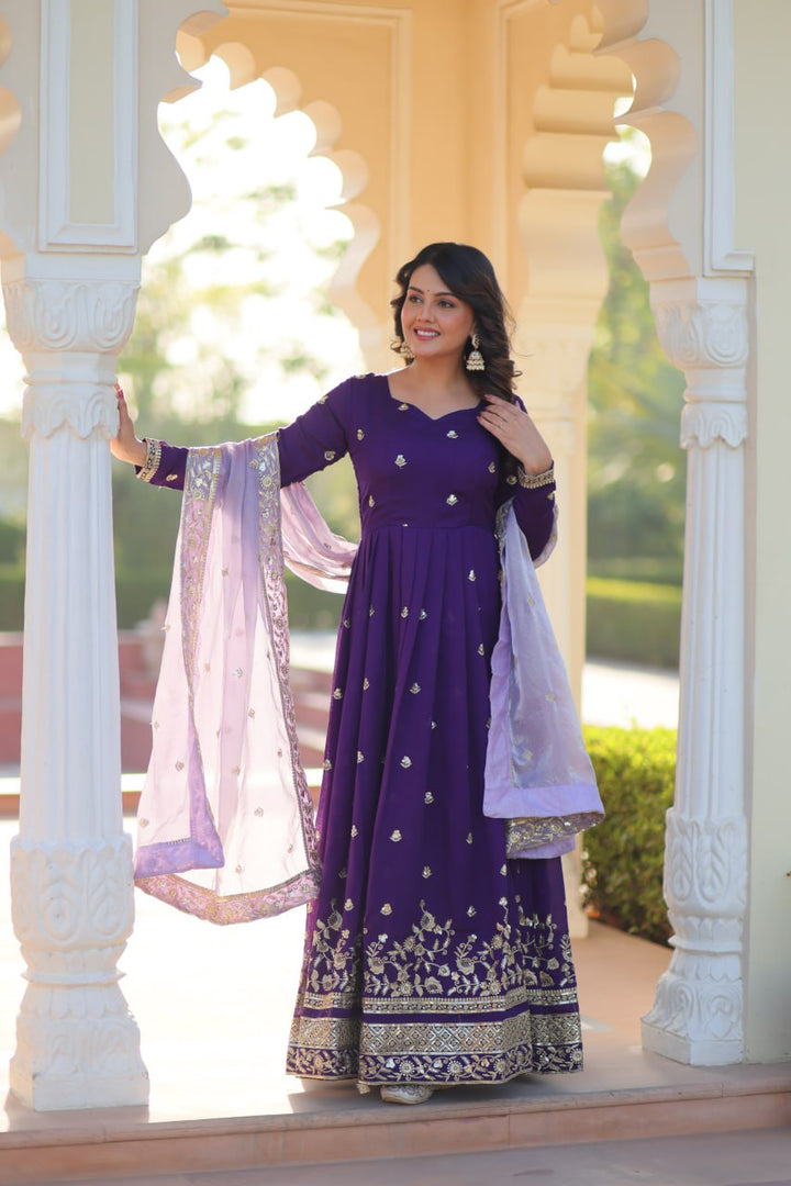 Purple Color Star Georgette with Embroidery Zari Sequins-work wedding Gown