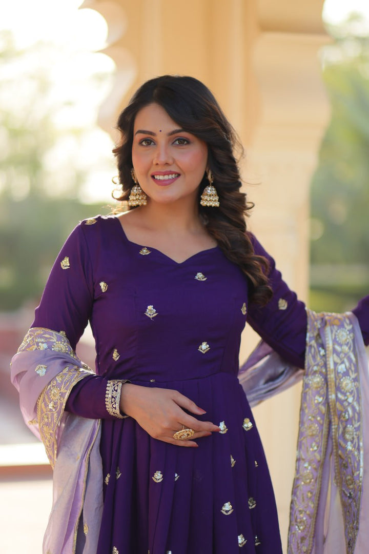 Purple Color Star Georgette with Embroidery Zari Sequins-work wedding Gown