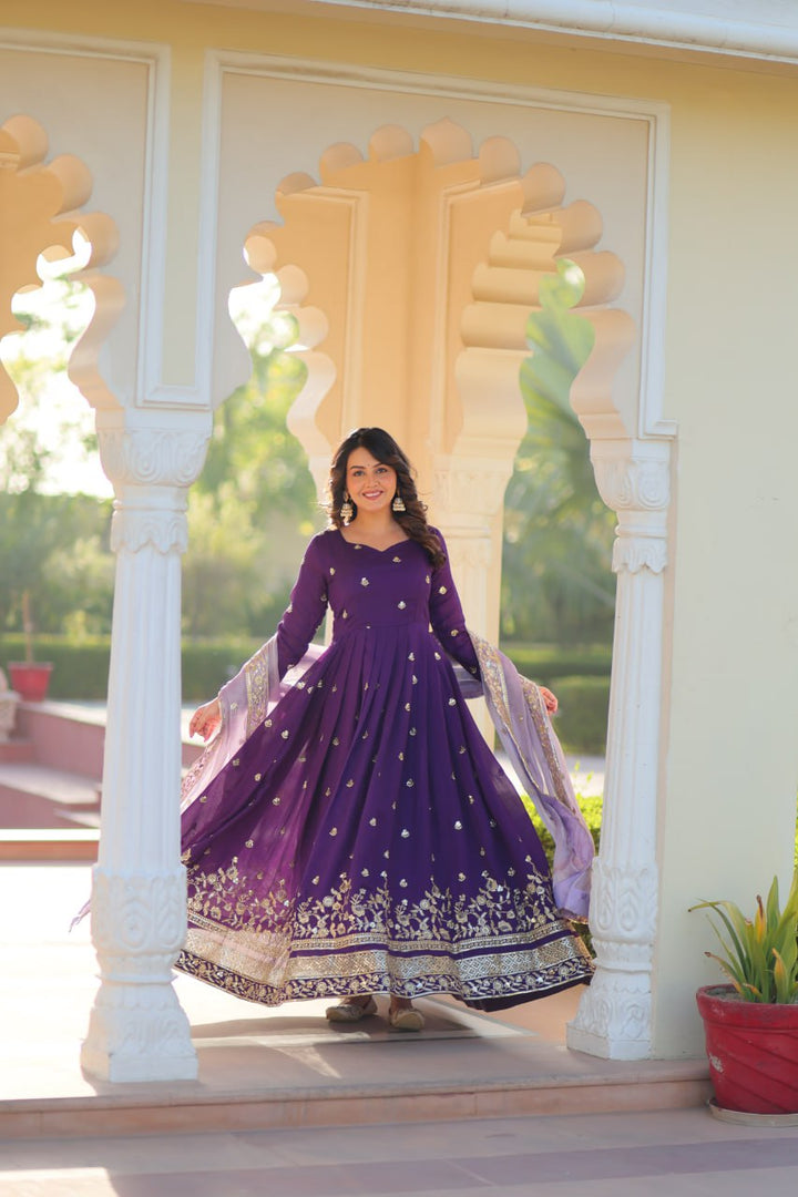 Purple Color Star Georgette with Embroidery Zari Sequins-work wedding Gown