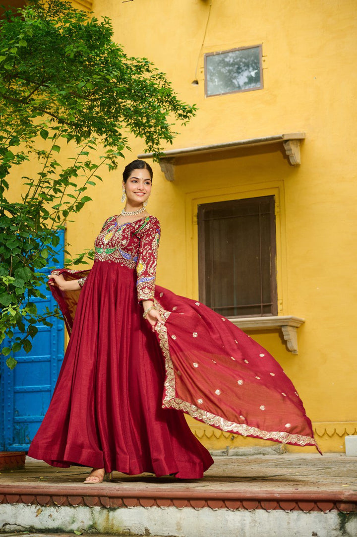 Vichitra Silk With Multi Thread & Zari Embroidered work Gown Set