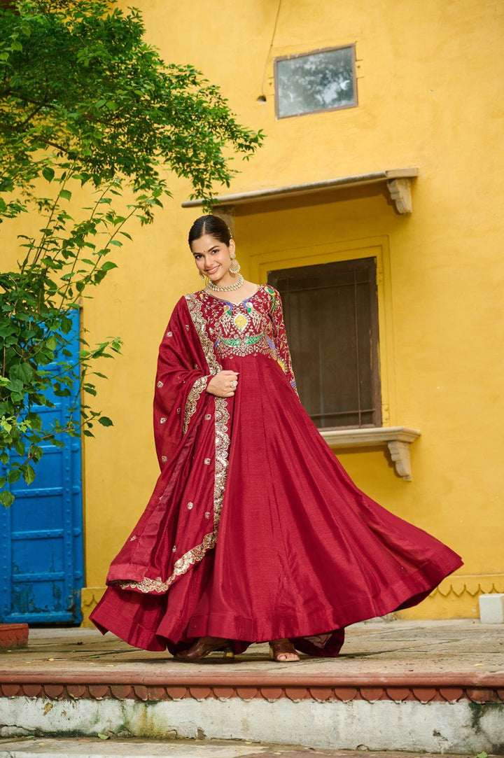 Vichitra Silk With Multi Thread & Zari Embroidered work Gown Set