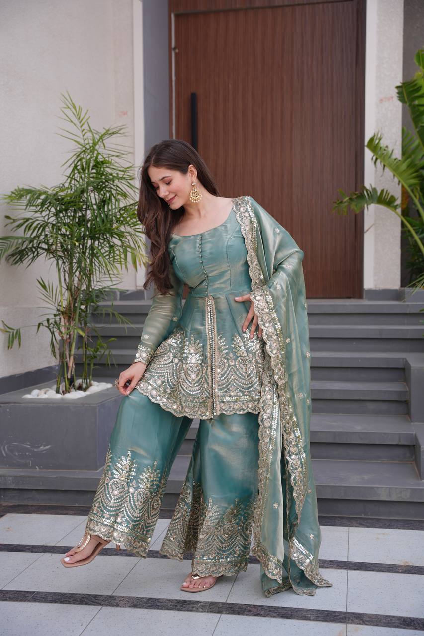 Heavy Two Tone Fendy Satin Silk Party Wear Sharara Set