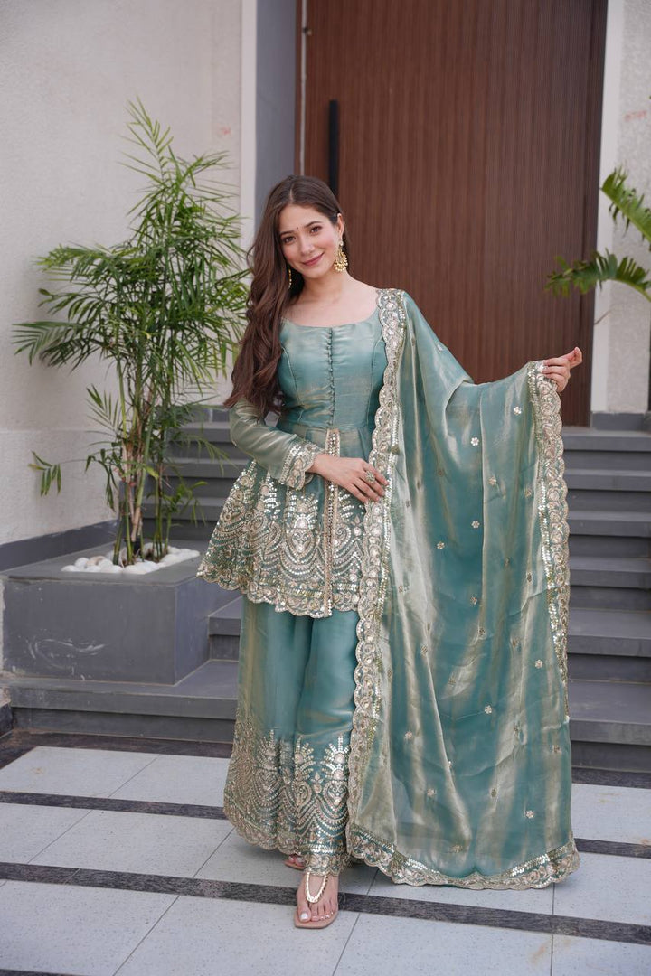 Heavy Two Tone Fendy Satin Silk Party Wear Sharara Set