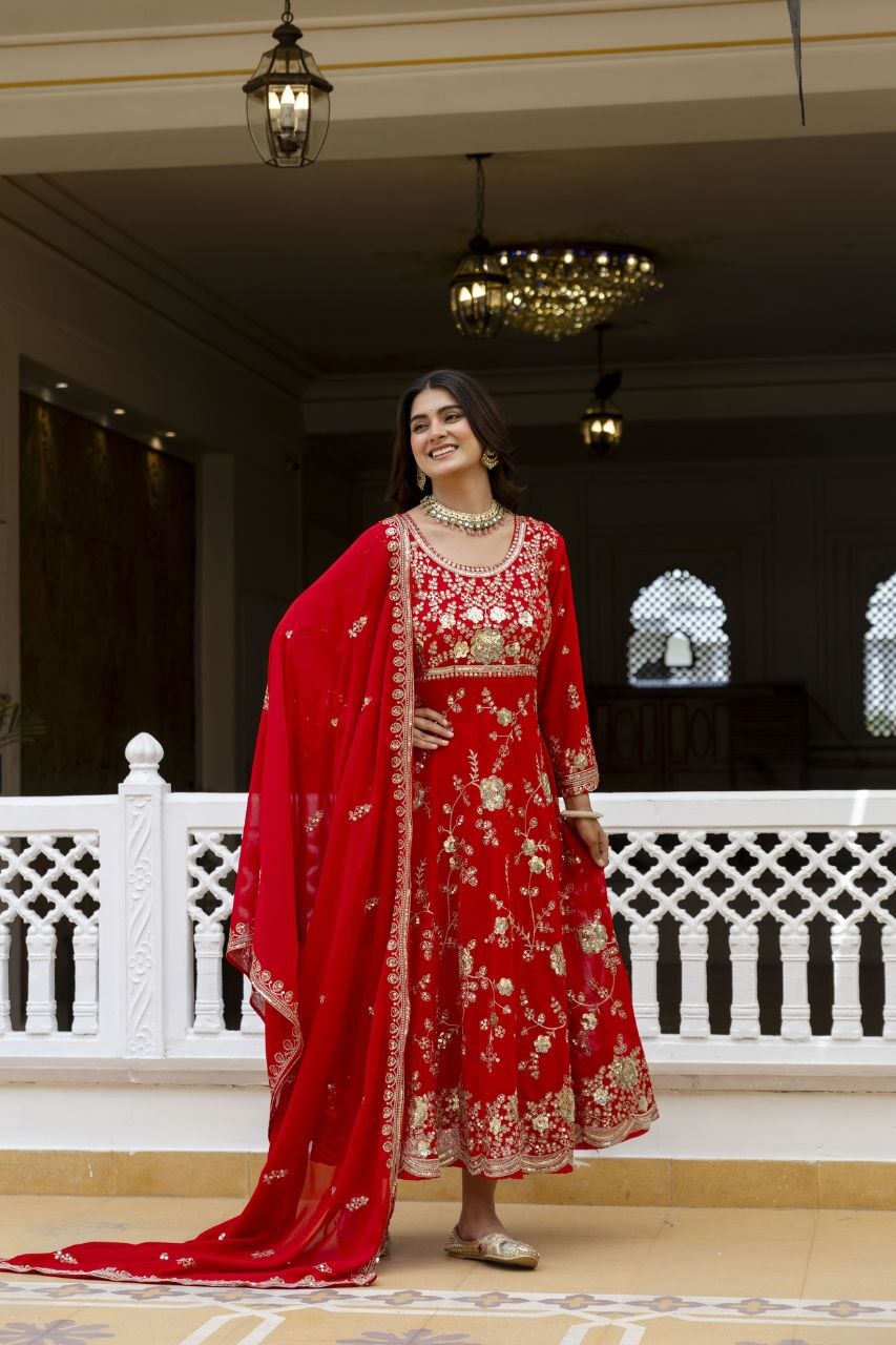 Red Embroidered Anarkali Gown Set