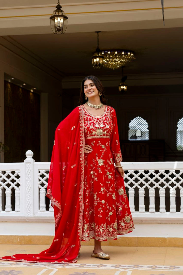 Red Embroidered Anarkali Gown Set