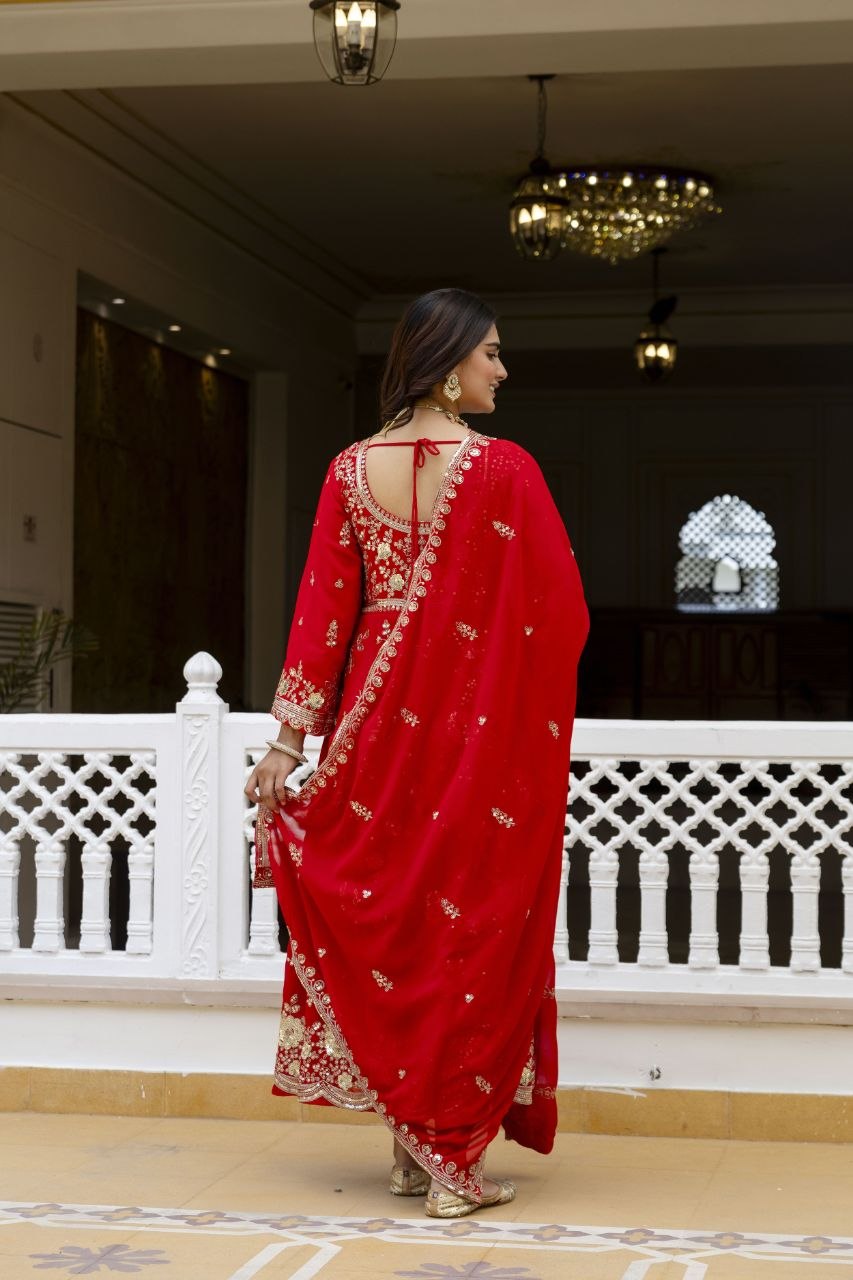 Red Embroidered Anarkali Gown Set