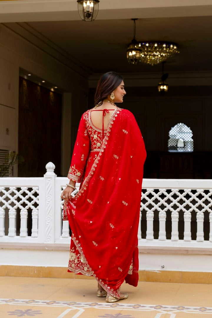 Red Embroidered Anarkali Gown Set
