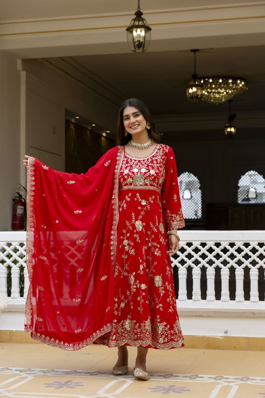 Red Embroidered Anarkali Gown Set