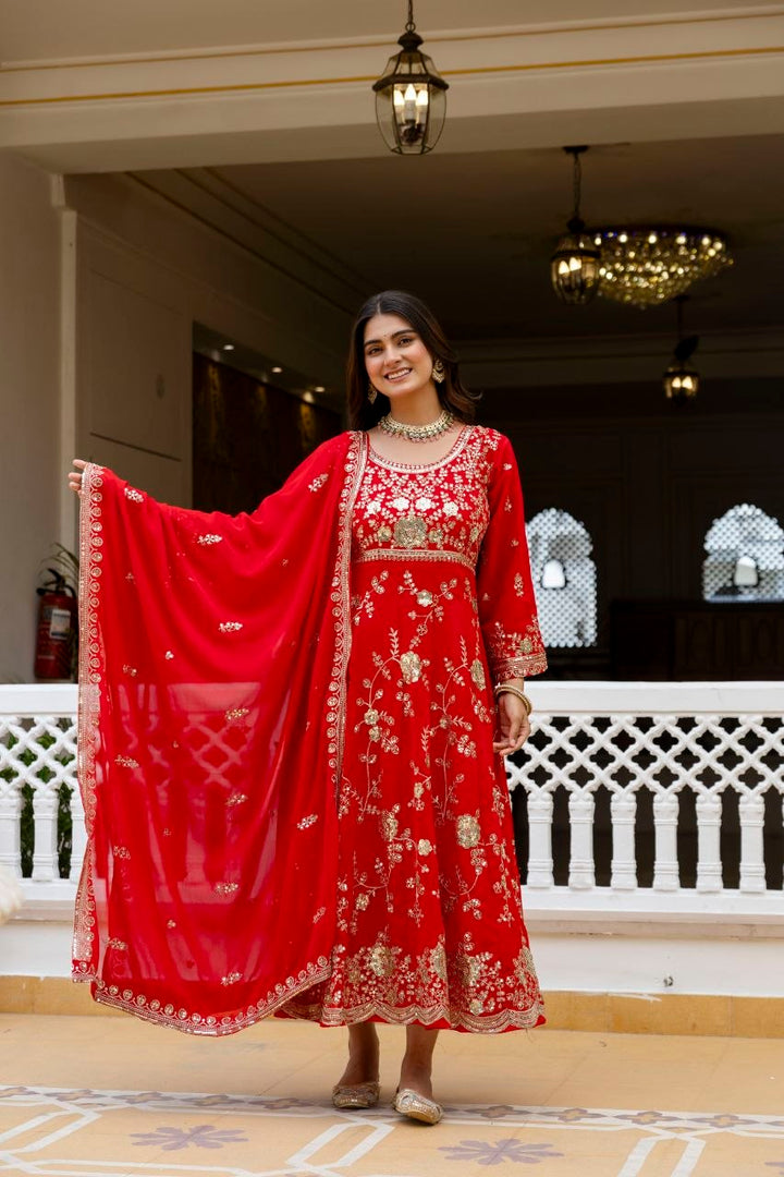 Red Embroidered Anarkali Gown Set