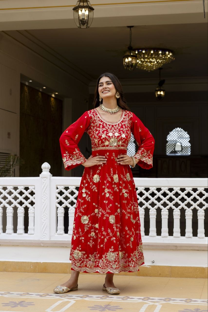 Red Embroidered Anarkali Gown Set
