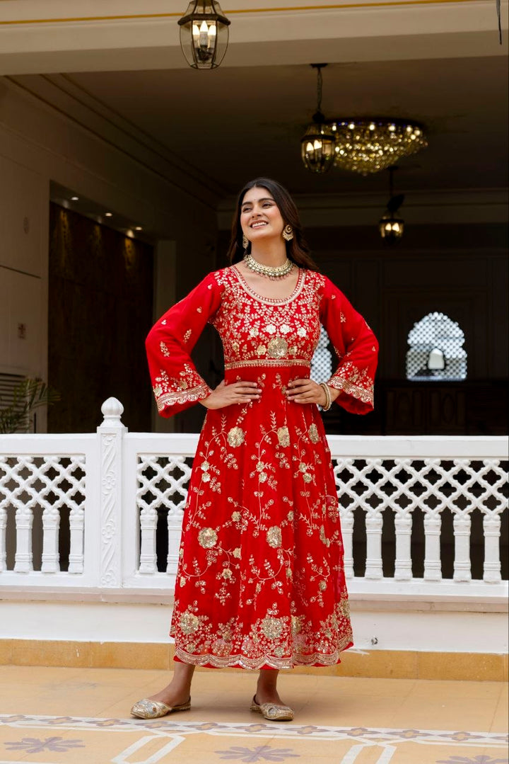 Red Embroidered Anarkali Gown Set