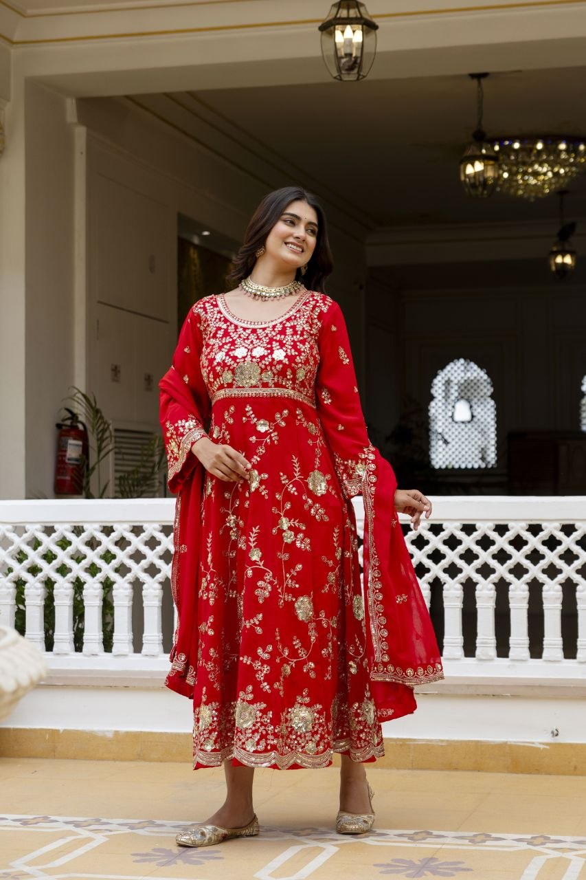Red Embroidered Anarkali Gown Set