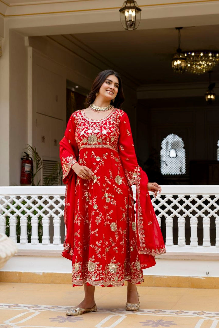 Red Embroidered Anarkali Gown Set