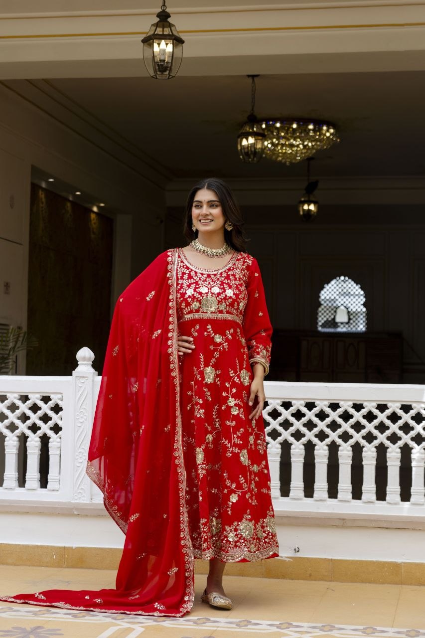 Red Embroidered Anarkali Gown Set