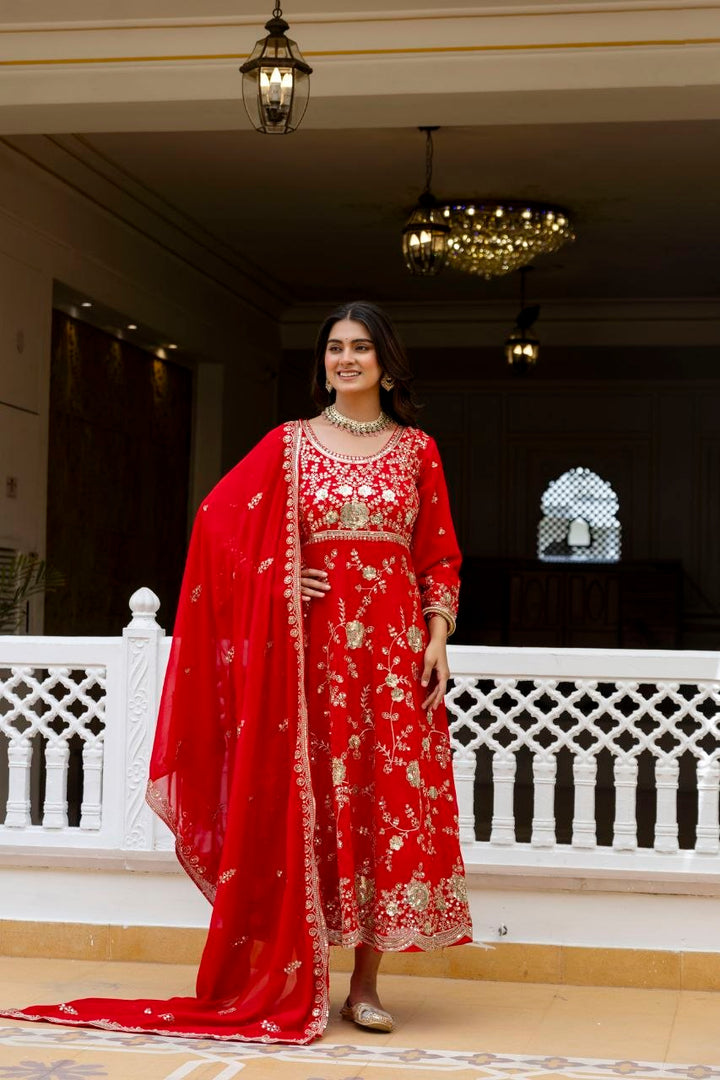 Red Embroidered Anarkali Gown Set