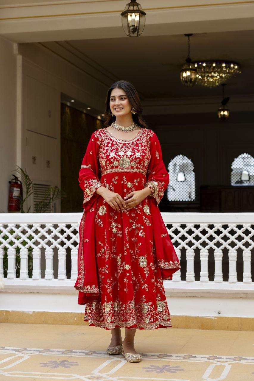 Red Embroidered Anarkali Gown Set