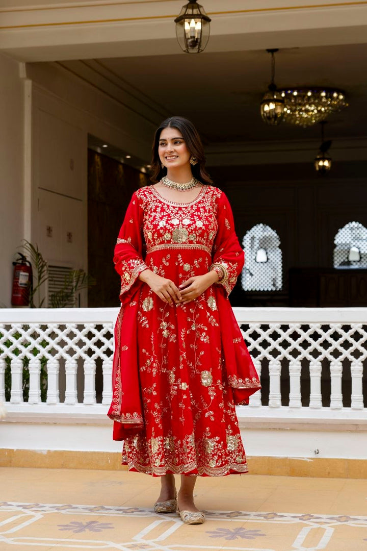 Red Embroidered Anarkali Gown Set
