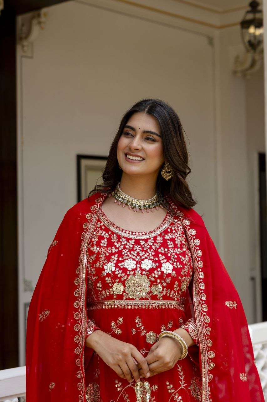 Red Embroidered Anarkali Gown Set