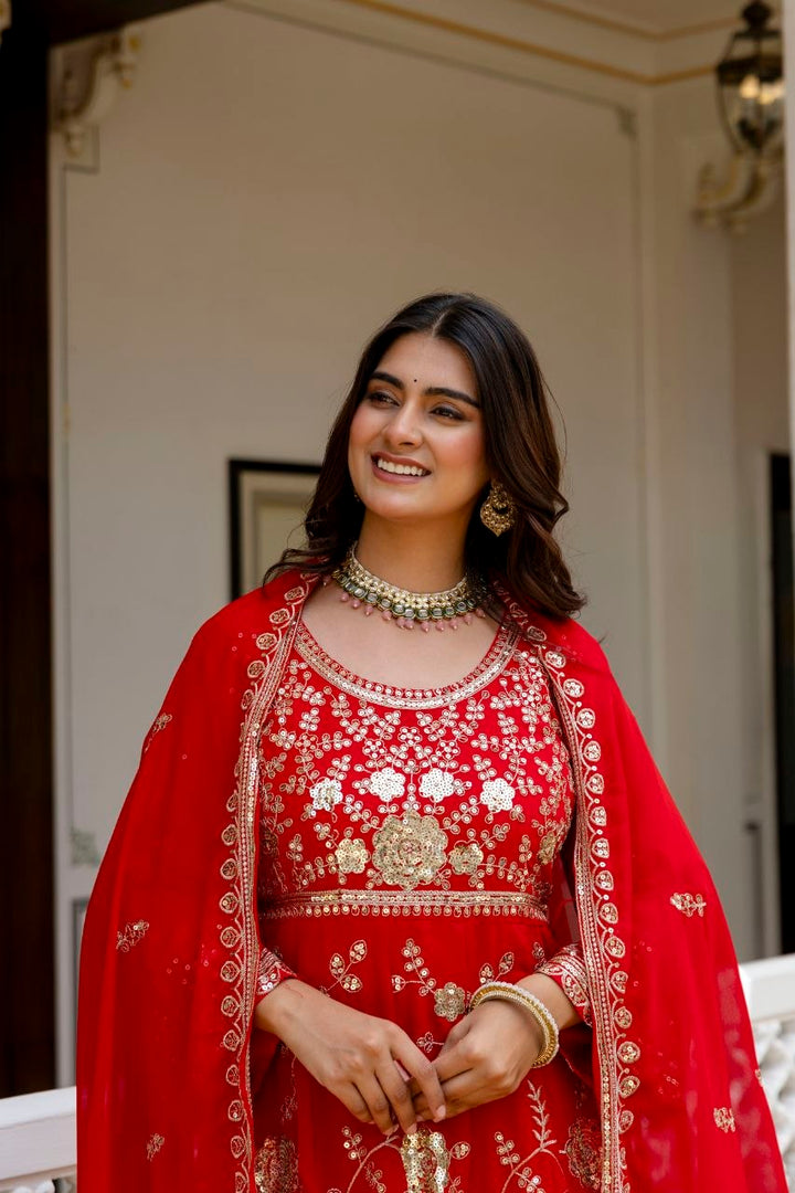 Red Embroidered Anarkali Gown Set