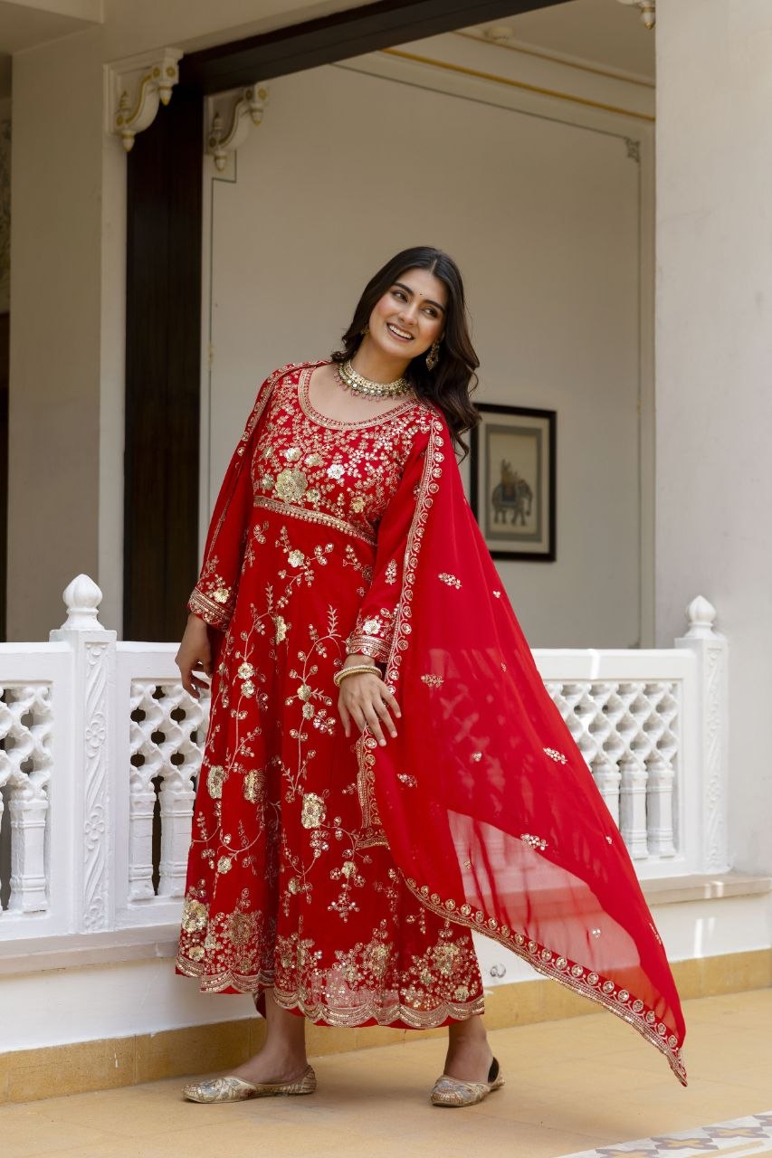 Red Embroidered Anarkali Gown Set