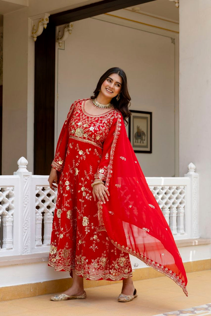 Red Embroidered Anarkali Gown Set